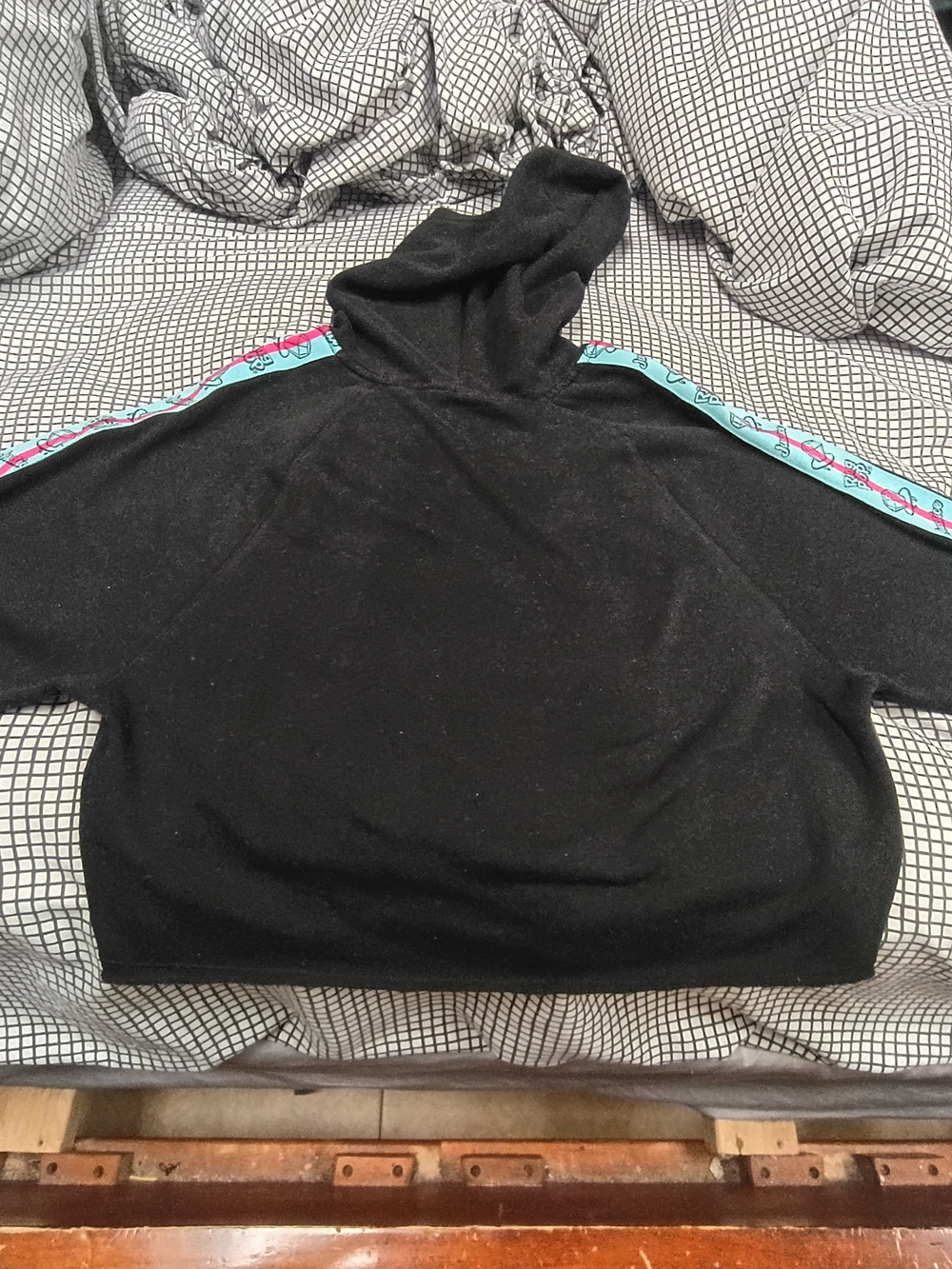 Black Girls Crop Hooded Sweater with Teal & Pink Accent Tape Large 10/12